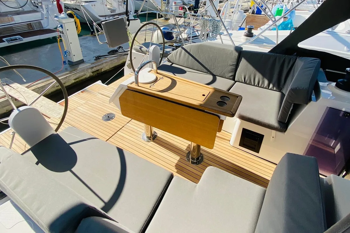 Deck of Simurg, a Bavaria C38 sailboat at Fethiye, Turkey