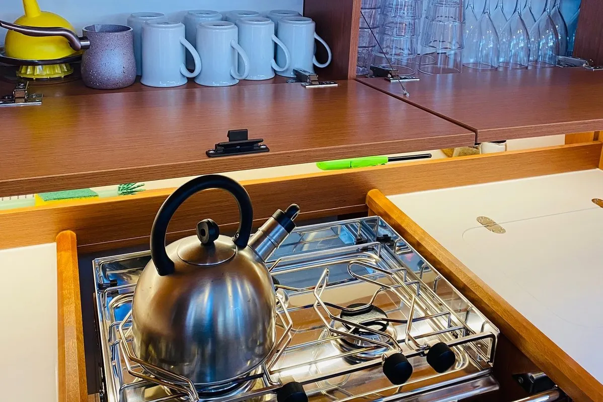 Galley of Simurg, a Bavaria C38 sailboat at Fethiye, Turkey
