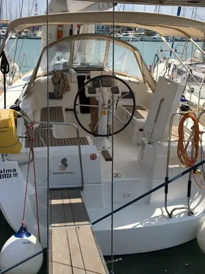 Cockpit of Calma, a Beneteau Oceanis 34 sailboat at Municipal Unit of Lefkada, Greece