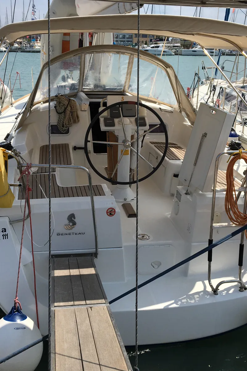 Cockpit of Calma, a Beneteau Oceanis 34 sailboat at Municipal Unit of Lefkada, Greece