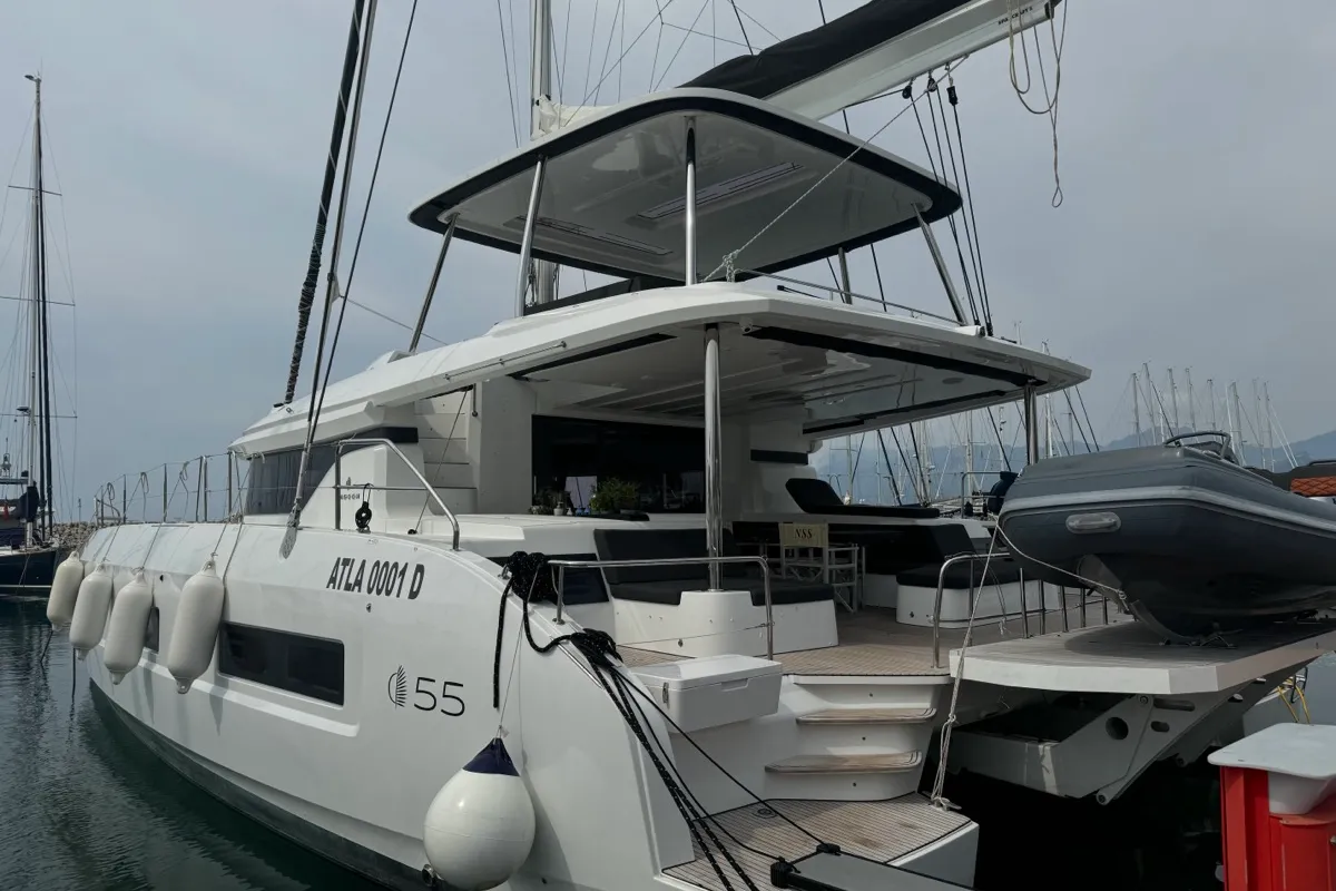 Exterior view of Jellyfish, a Lagoon 55 catamaran at Salerno, Italy