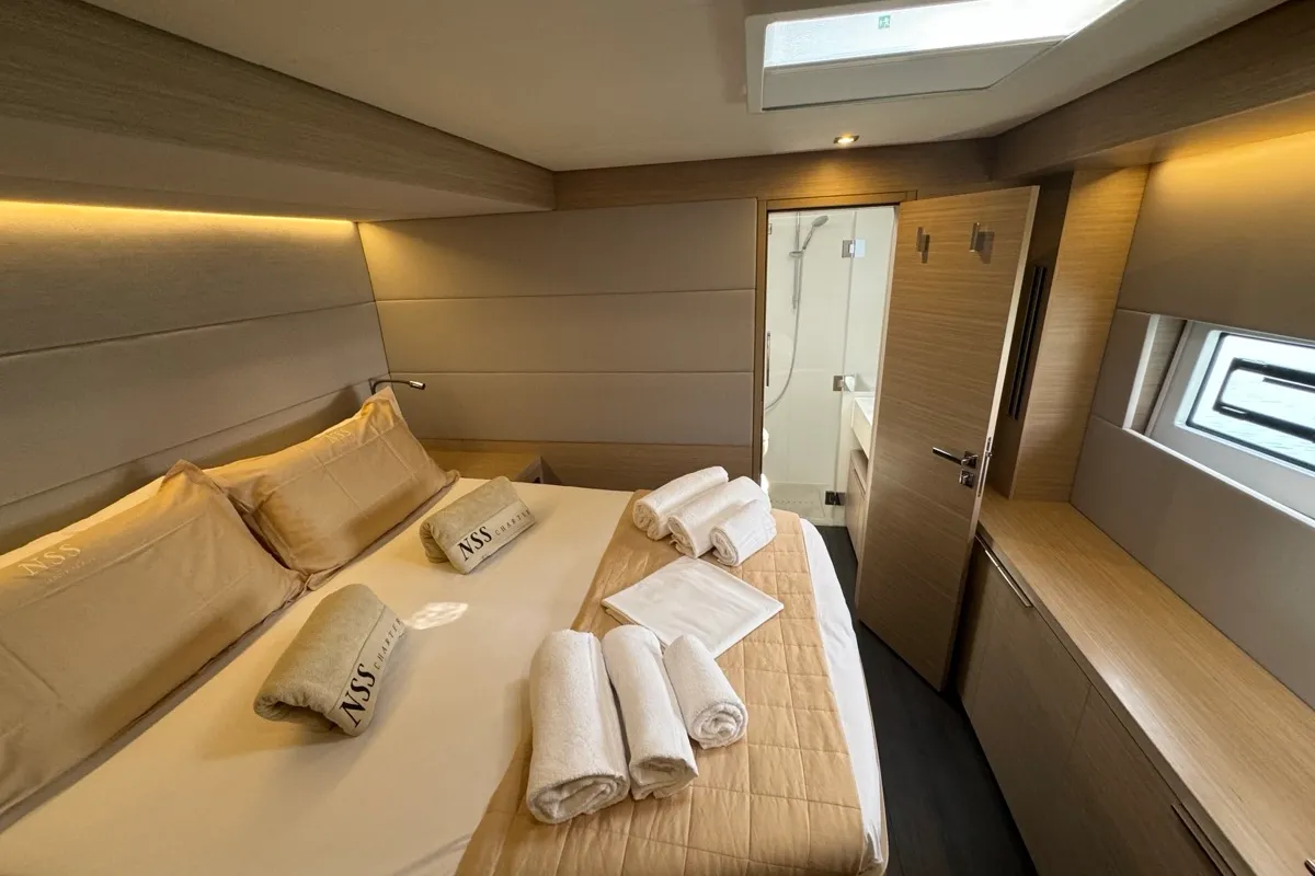 Cabin on Jellyfish, a Lagoon 55 catamaran at Salerno, Italy