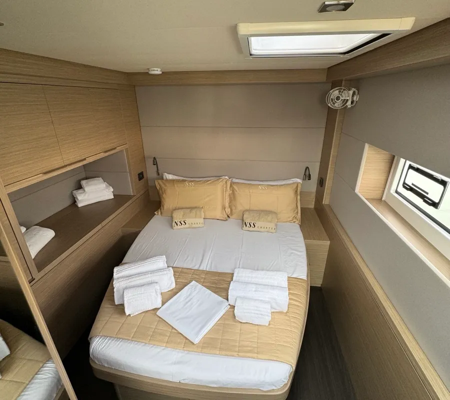Cabin on Jellyfish, a Lagoon 55 catamaran at Salerno, Italy