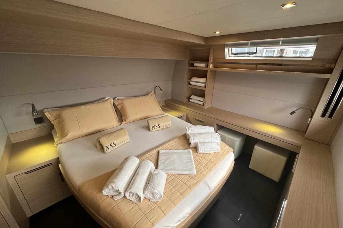 Cabin on Jellyfish, a Lagoon 55 catamaran at Salerno, Italy