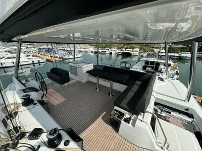 Cockpit of Jellyfish, a Lagoon 55 catamaran at Salerno, Italy