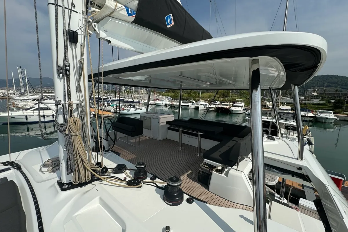 Deck of Jellyfish, a Lagoon 55 catamaran at Salerno, Italy