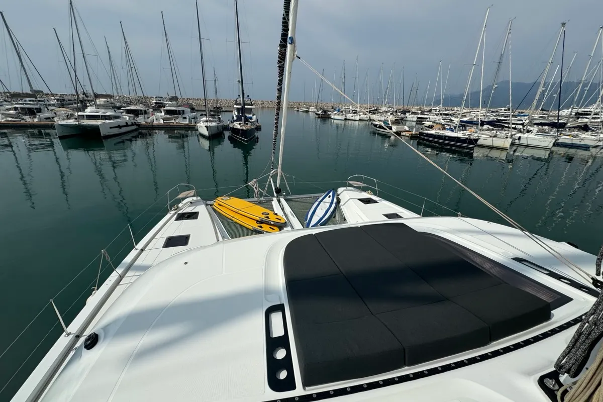 Deck of Jellyfish, a Lagoon 55 catamaran at Salerno, Italy