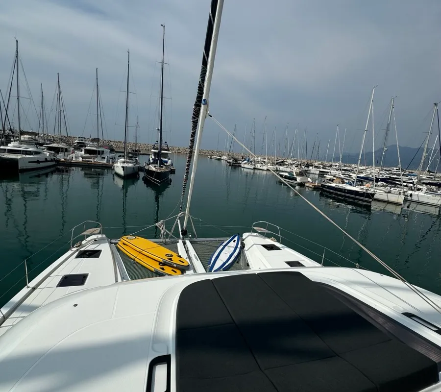 Deck of Jellyfish, a Lagoon 55 catamaran at Salerno, Italy