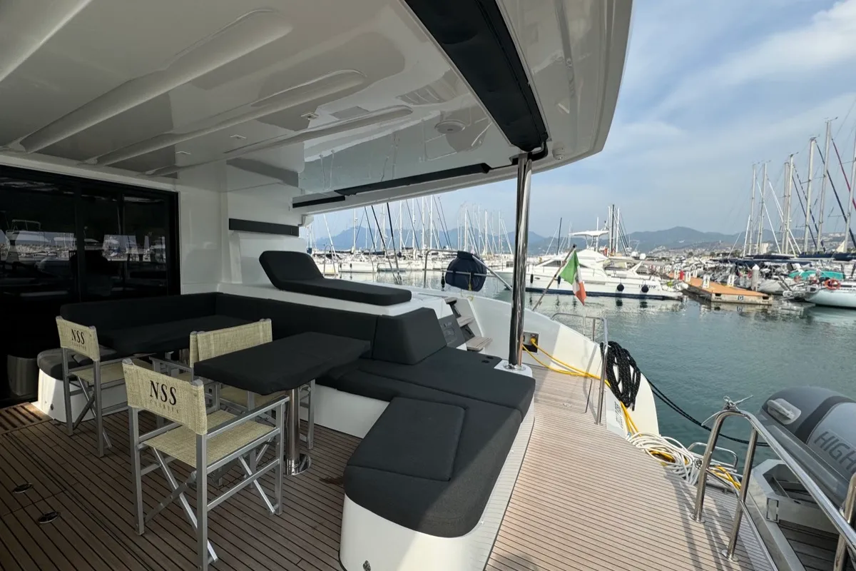Deck of Jellyfish, a Lagoon 55 catamaran at Salerno, Italy