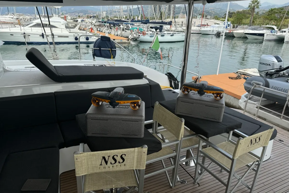 Deck of Jellyfish, a Lagoon 55 catamaran at Salerno, Italy