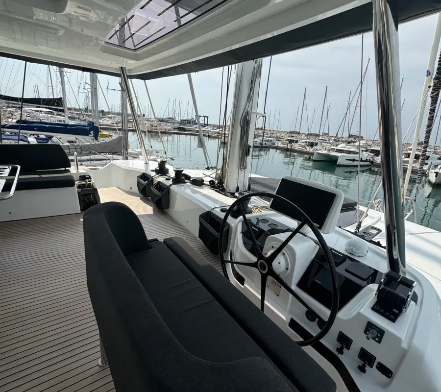Cockpit of Jellyfish, a Lagoon 55 catamaran at Salerno, Italy