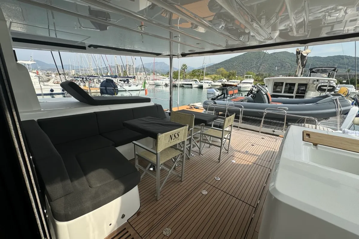 Deck of Jellyfish, a Lagoon 55 catamaran at Salerno, Italy