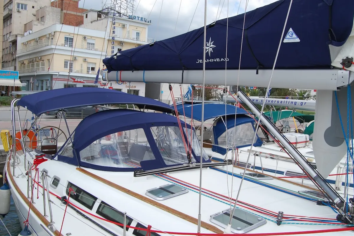 Exterior view of Anax, a Jeanneau Sun Odyssey 49i sailboat at Volos, Greece