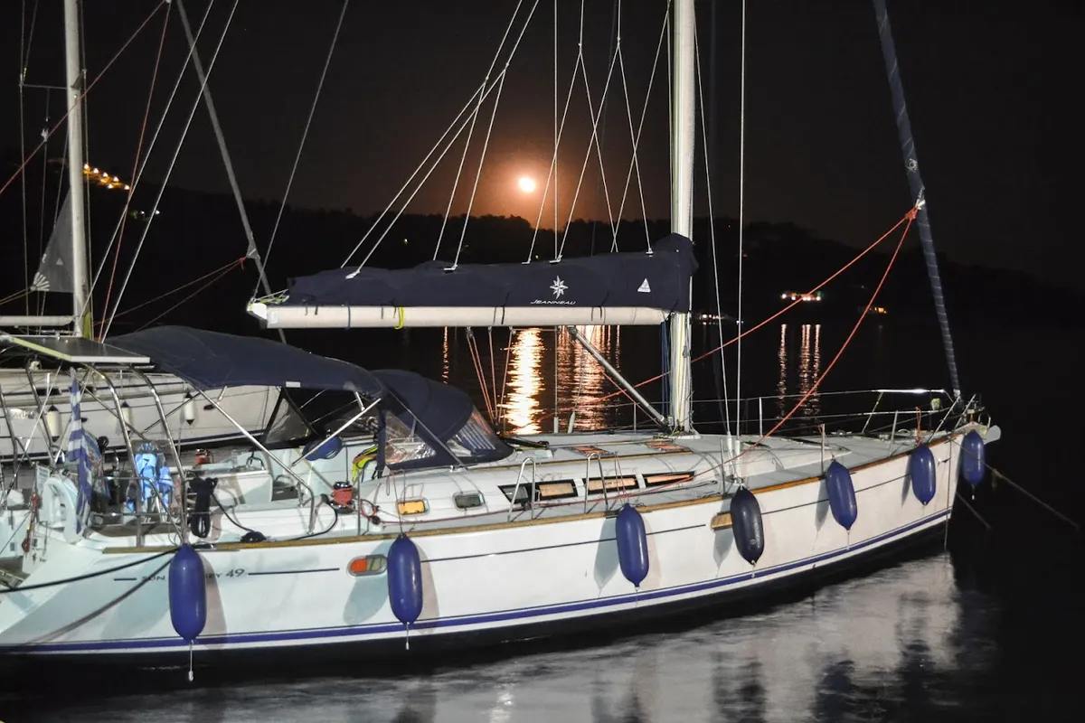 Exterior view of Anax, a Jeanneau Sun Odyssey 49i sailboat at Volos, Greece