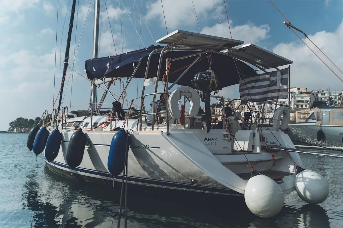 Exterior view of Anax, a Jeanneau Sun Odyssey 49i sailboat at Volos, Greece