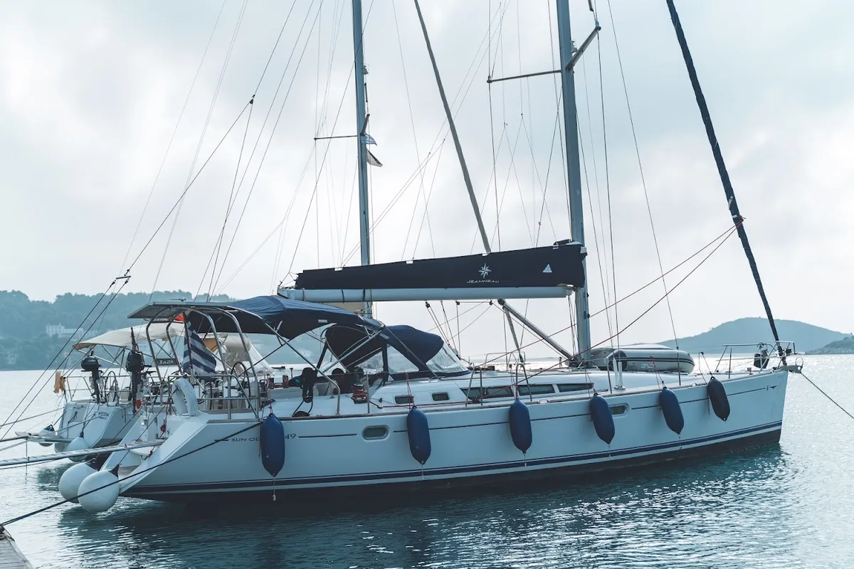 Exterior view of Anax, a Jeanneau Sun Odyssey 49i sailboat at Volos, Greece