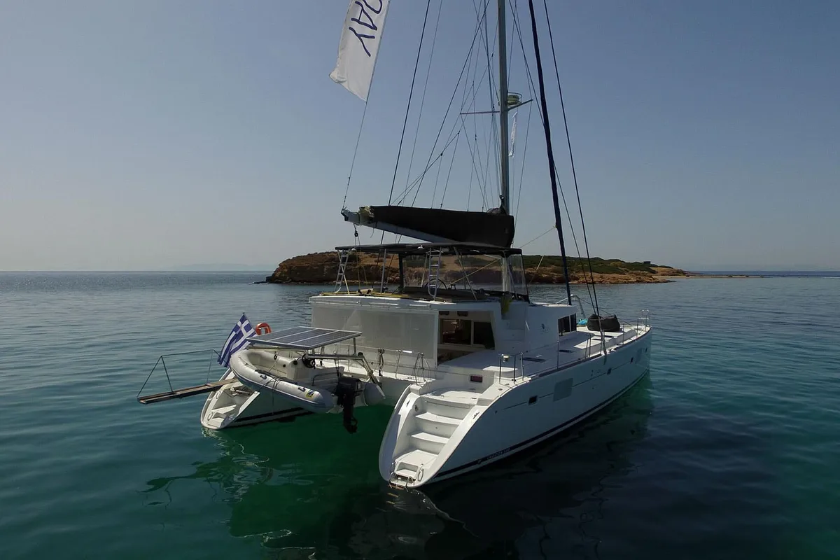 Exterior view of The Full House - (A/C - Generator - Refit 2021), a Lagoon 500 catamaran at Athens, Greece