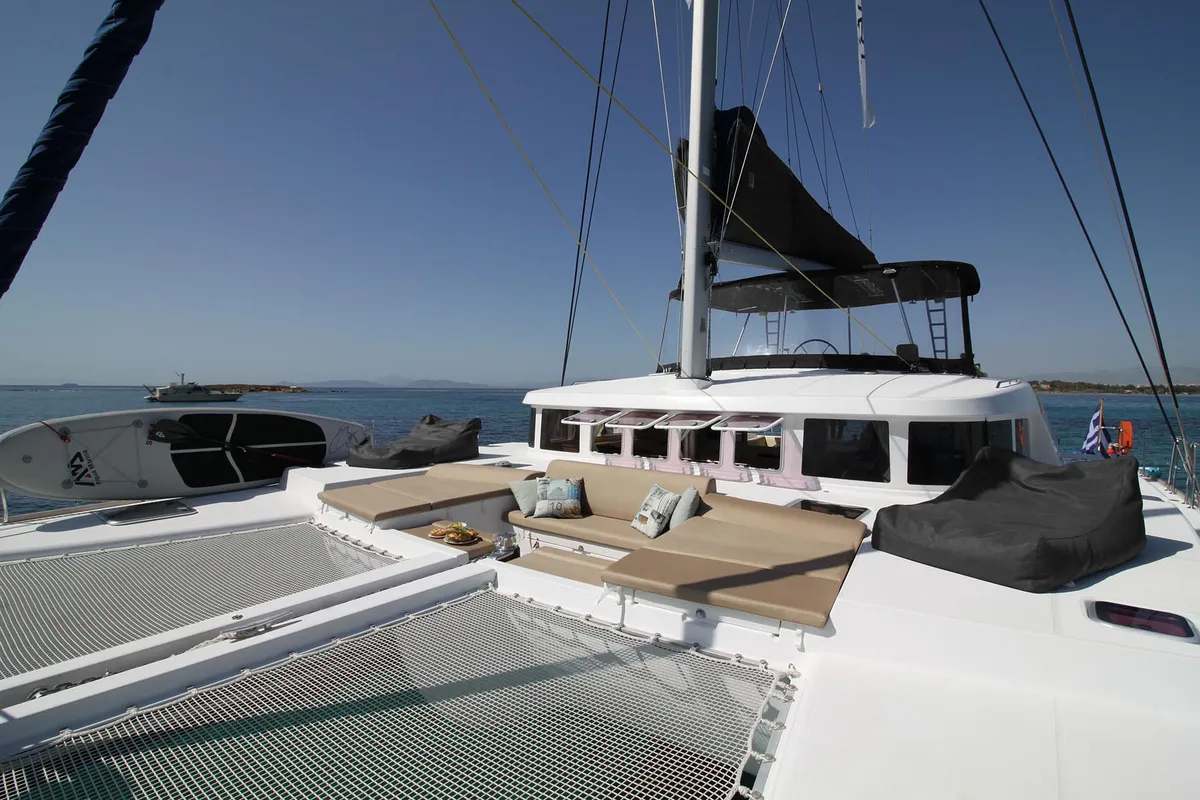 Deck of The Full House - (A/C - Generator - Refit 2021), a Lagoon 500 catamaran at Athens, Greece
