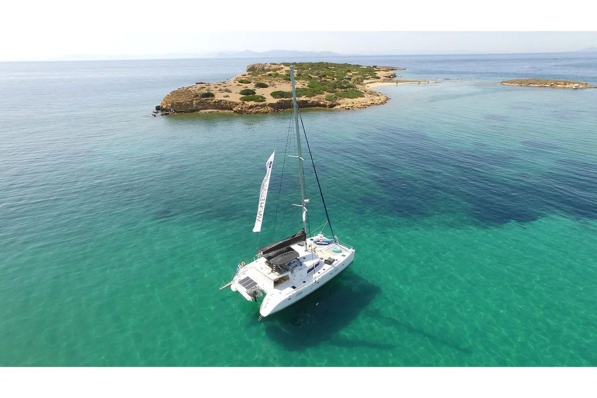 Exterior view of The Full House - (A/C - Generator - Refit 2021), a Lagoon 500 catamaran at Athens, Greece