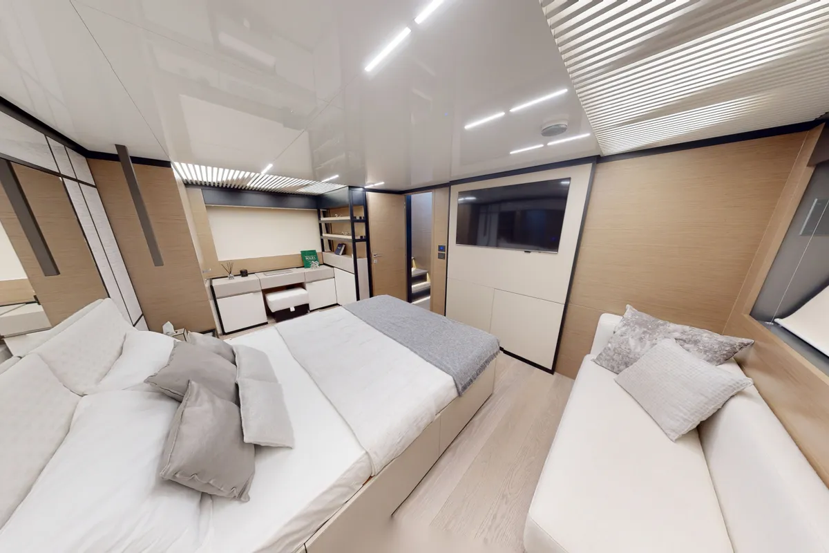 Solace 780, a Ferretti 780 motor yacht at Dubai Harbour, United Arab Emirates