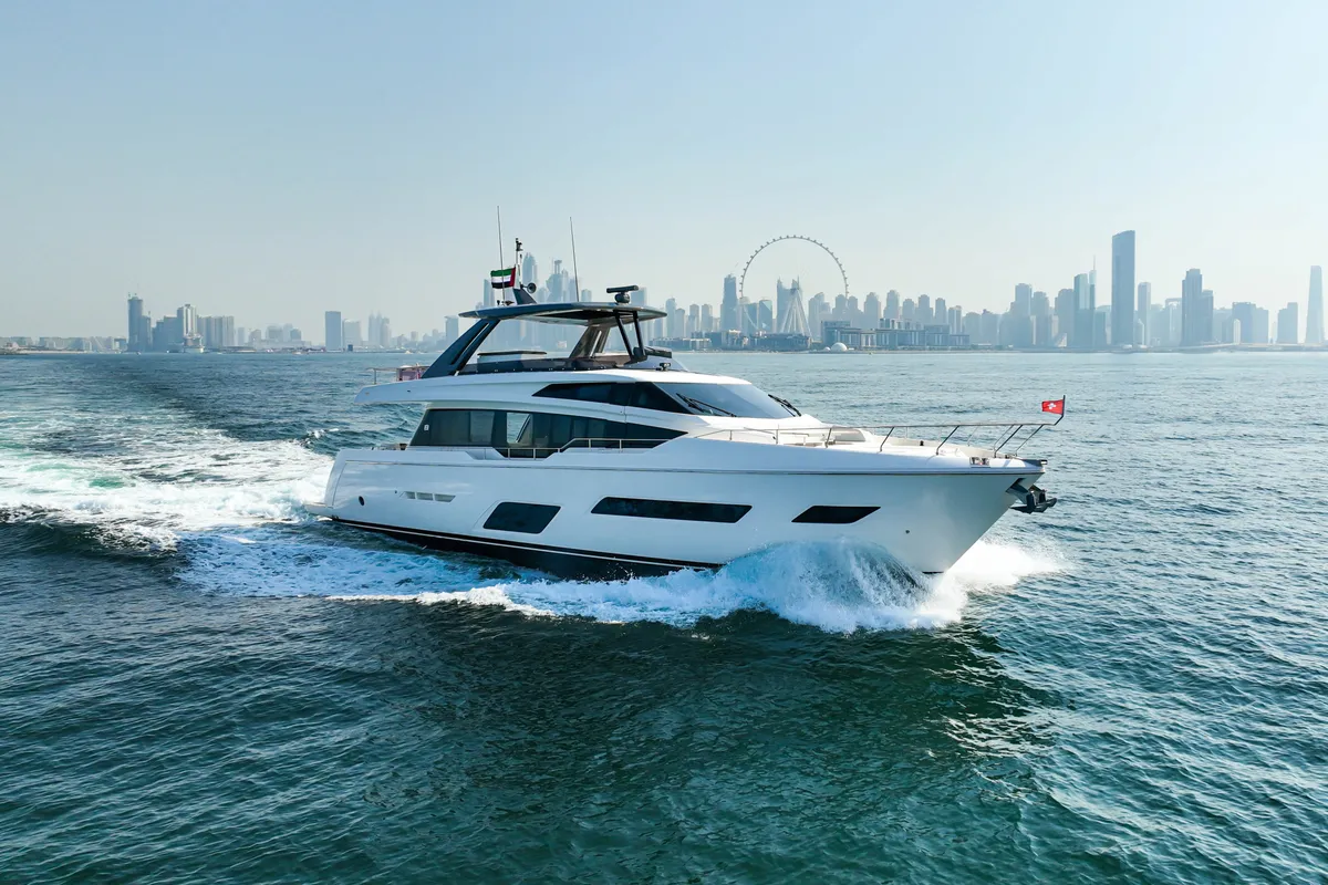 Solace 780, a Ferretti 780 motor yacht at Dubai Harbour, United Arab Emirates