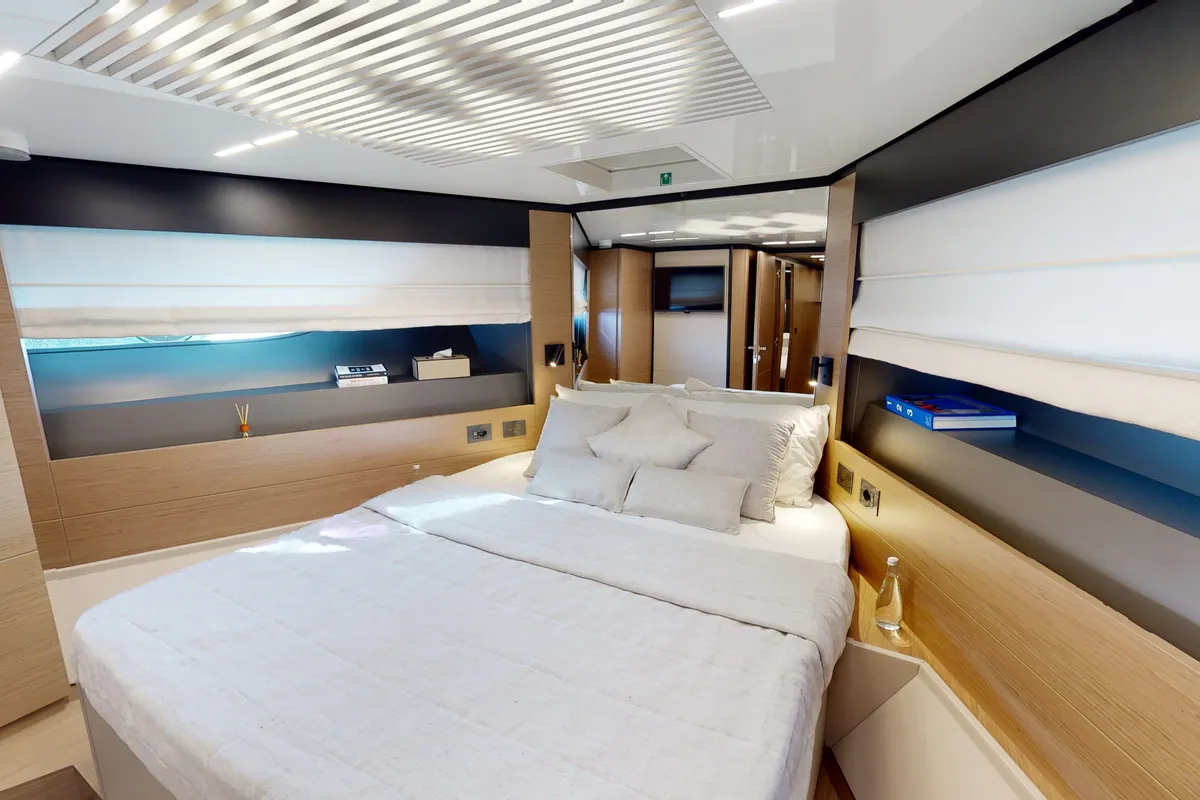 Solace 780, a Ferretti 780 motor yacht at Dubai Harbour, United Arab Emirates