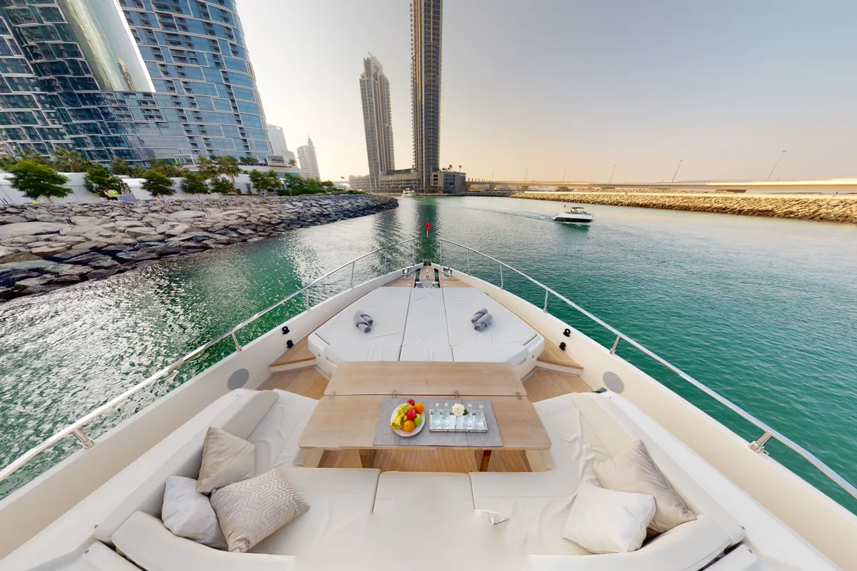 Solace 780, a Ferretti 780 motor yacht at Dubai Harbour, United Arab Emirates