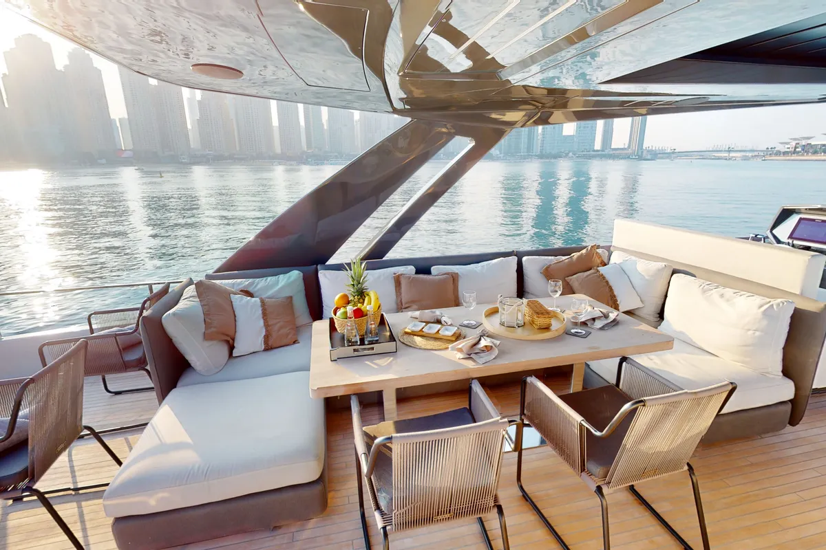 Solace 780, a Ferretti 780 motor yacht at Dubai Harbour, United Arab Emirates