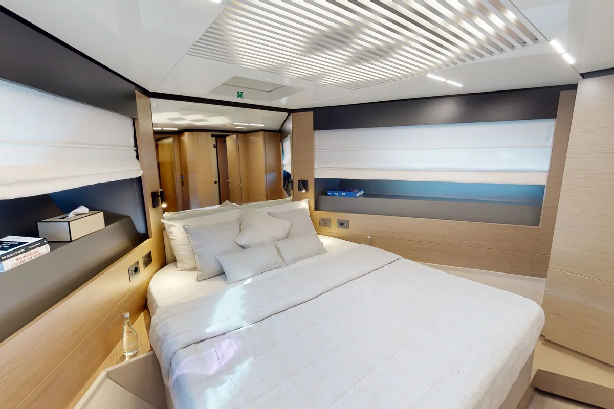 Solace 780, a Ferretti 780 motor yacht at Dubai Harbour, United Arab Emirates