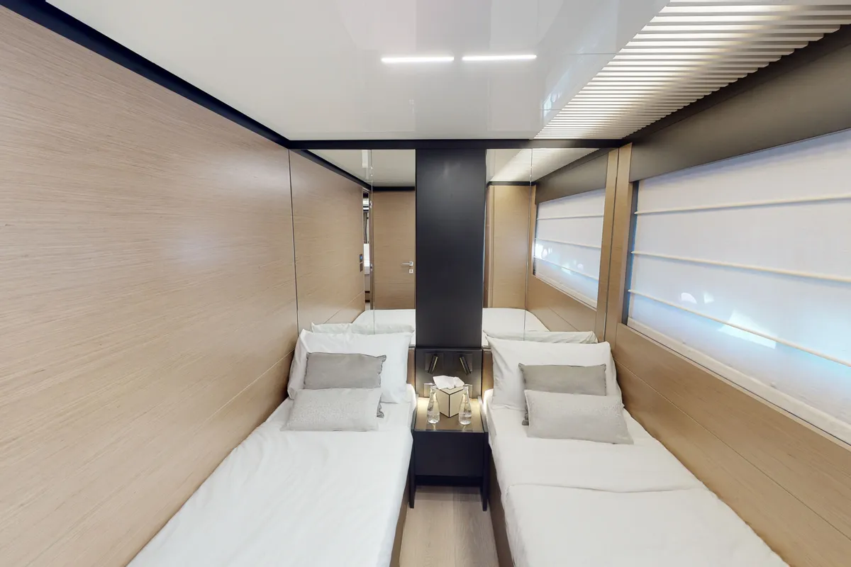 Solace 780, a Ferretti 780 motor yacht at Dubai Harbour, United Arab Emirates
