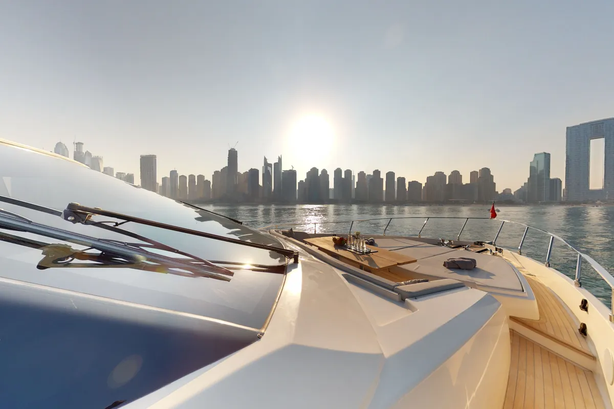 Solace 780, a Ferretti 780 motor yacht at Dubai Harbour, United Arab Emirates