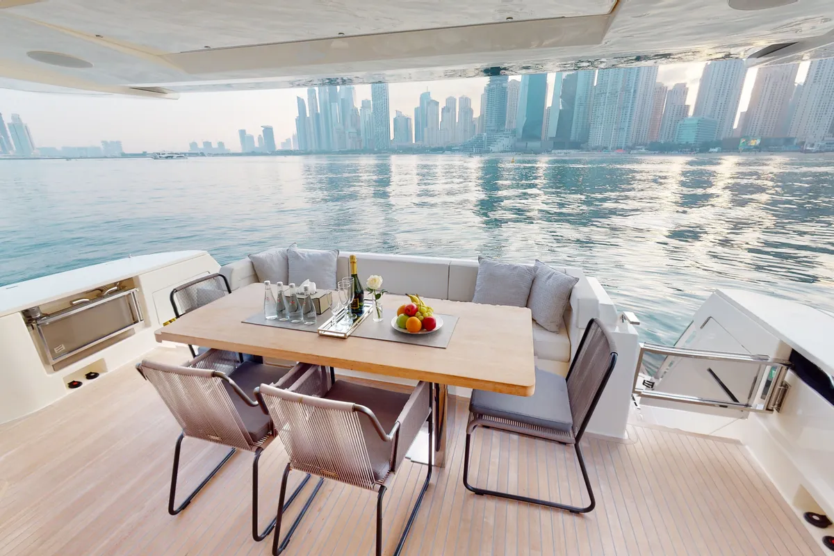 Solace 780, a Ferretti 780 motor yacht at Dubai Harbour, United Arab Emirates