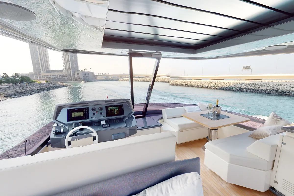 Solace 780, a Ferretti 780 motor yacht at Dubai Harbour, United Arab Emirates