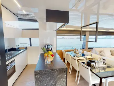 Solace 780, a Ferretti 780 motor yacht at Dubai Harbour, United Arab Emirates