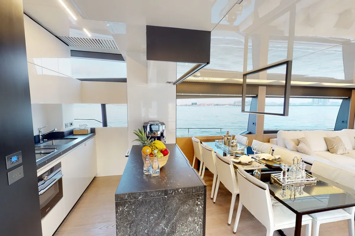 Solace 780, a Ferretti 780 motor yacht at Dubai Harbour, United Arab Emirates