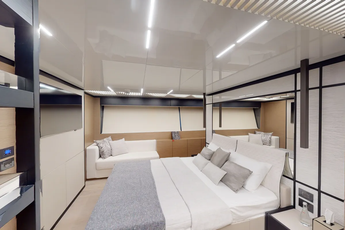 Solace 780, a Ferretti 780 motor yacht at Dubai Harbour, United Arab Emirates