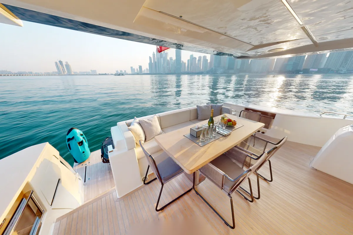Solace 780, a Ferretti 780 motor yacht at Dubai Harbour, United Arab Emirates
