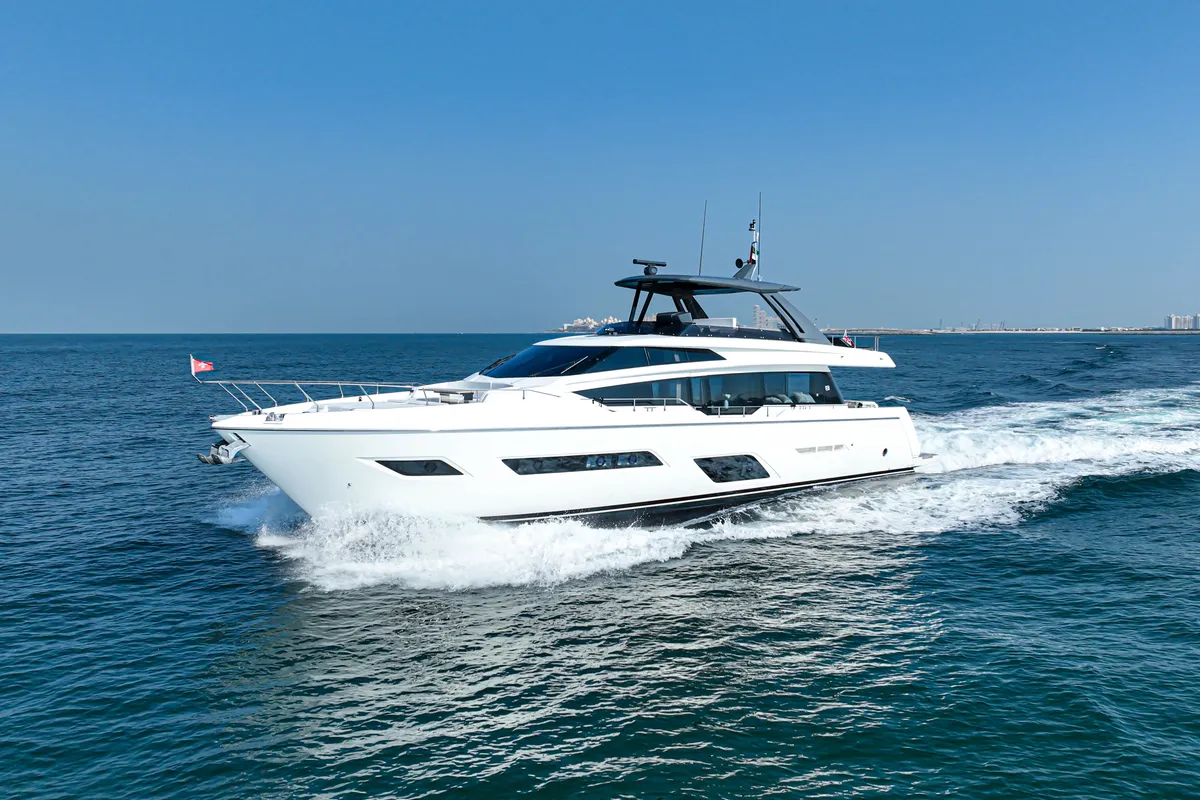 Solace 780, a Ferretti 780 motor yacht at Dubai Harbour, United Arab Emirates