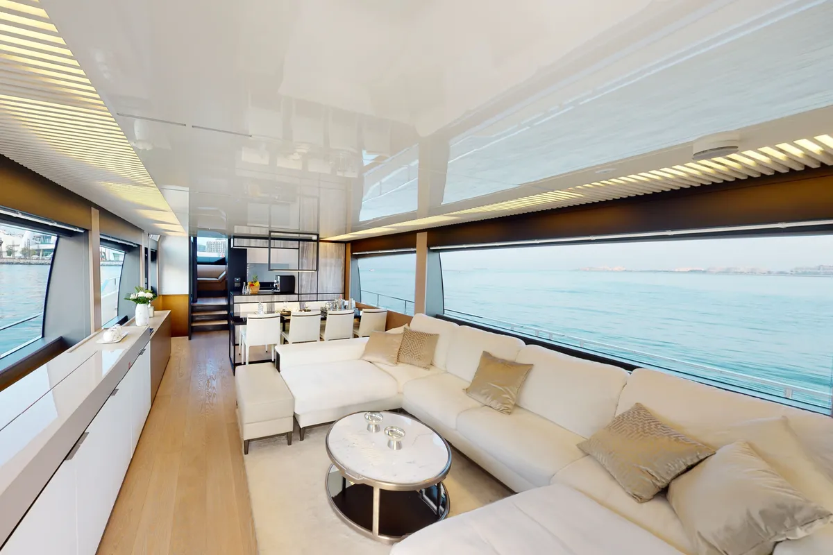 Solace 780, a Ferretti 780 motor yacht at Dubai Harbour, United Arab Emirates