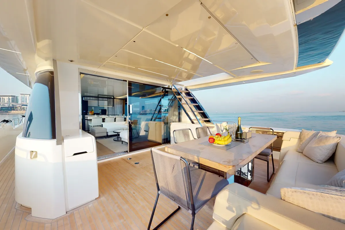 Solace 780, a Ferretti 780 motor yacht at Dubai Harbour, United Arab Emirates