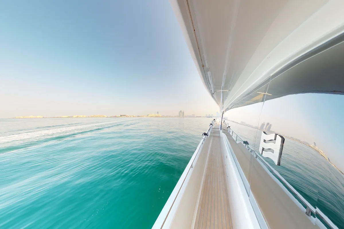 Solace 780, a Ferretti 780 motor yacht at Dubai Harbour, United Arab Emirates