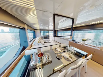 Solace 780, a Ferretti 780 motor yacht at Dubai Harbour, United Arab Emirates