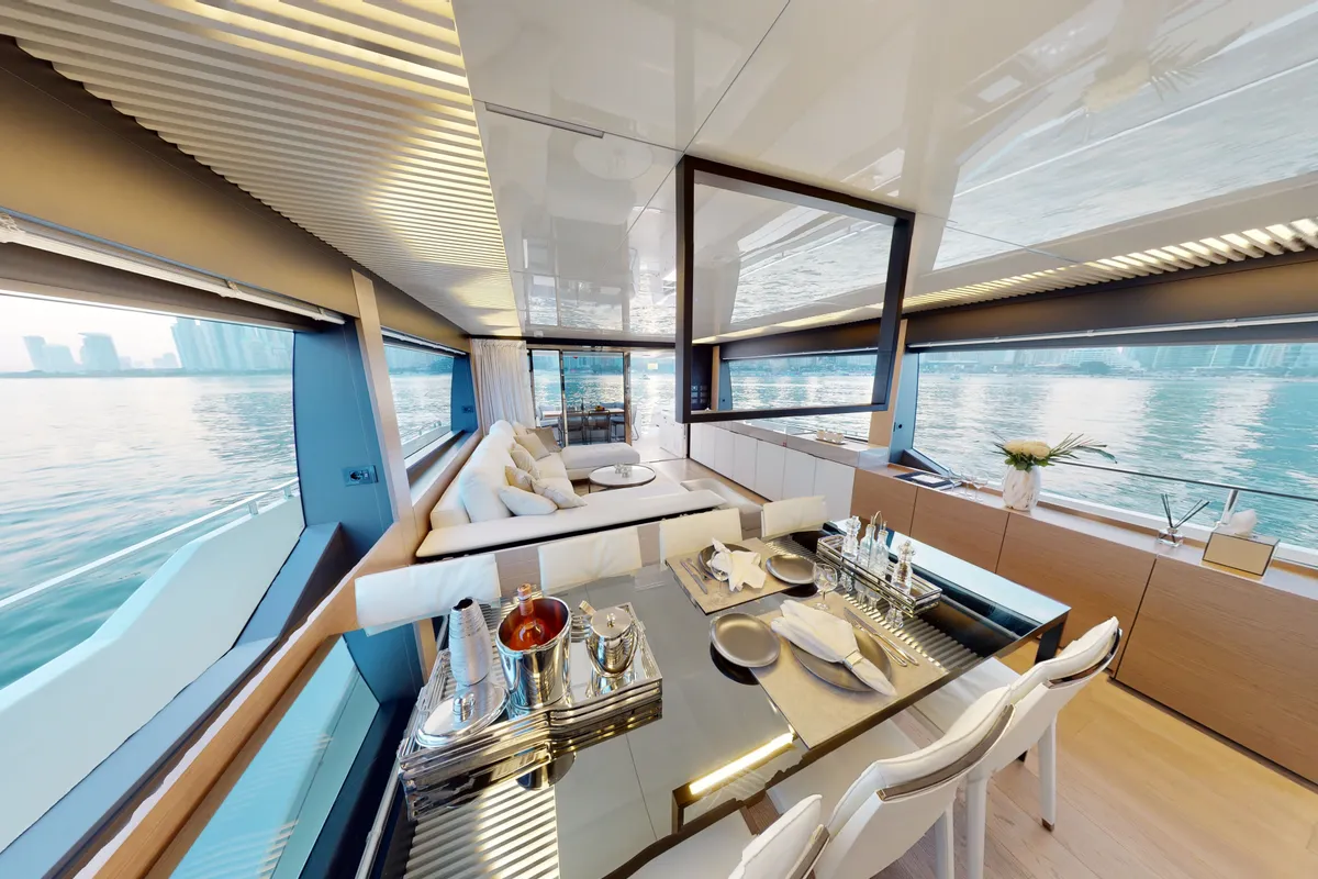 Solace 780, a Ferretti 780 motor yacht at Dubai Harbour, United Arab Emirates