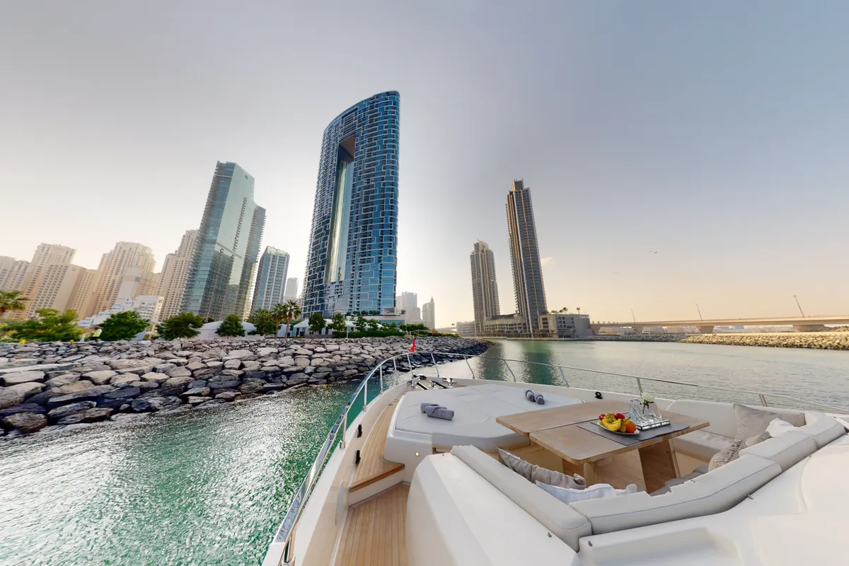 Solace 780, a Ferretti 780 motor yacht at Dubai Harbour, United Arab Emirates