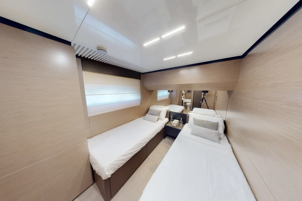 Solace 780, a Ferretti 780 motor yacht at Dubai Harbour, United Arab Emirates