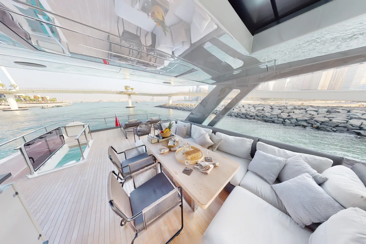 Solace 780, a Ferretti 780 motor yacht at Dubai Harbour, United Arab Emirates