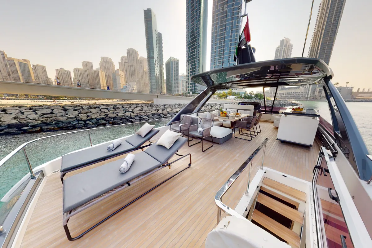 Solace 780, a Ferretti 780 motor yacht at Dubai Harbour, United Arab Emirates