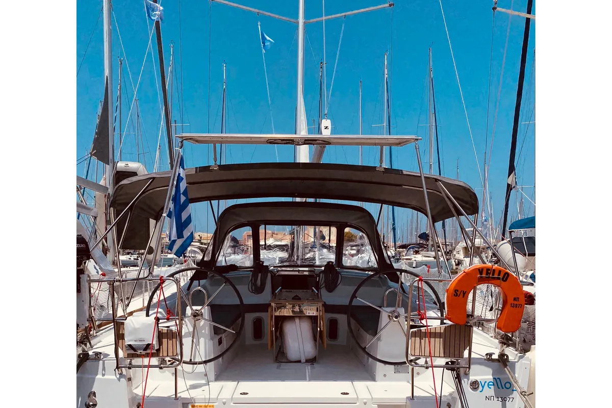 Cockpit of Yello (Pax 10), a Beneteau Oceanis 40.1 sailboat at Municipal Unit of Lefkada, Greece