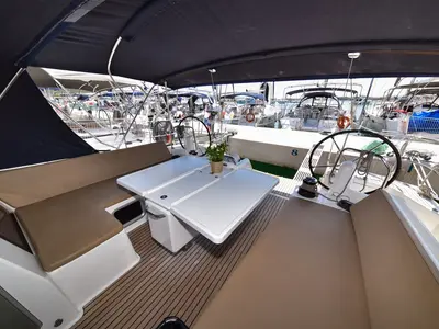 Deck of Swannabe, a Jeanneau Sun Odyssey 490 sailboat at Sukošan, Croatia