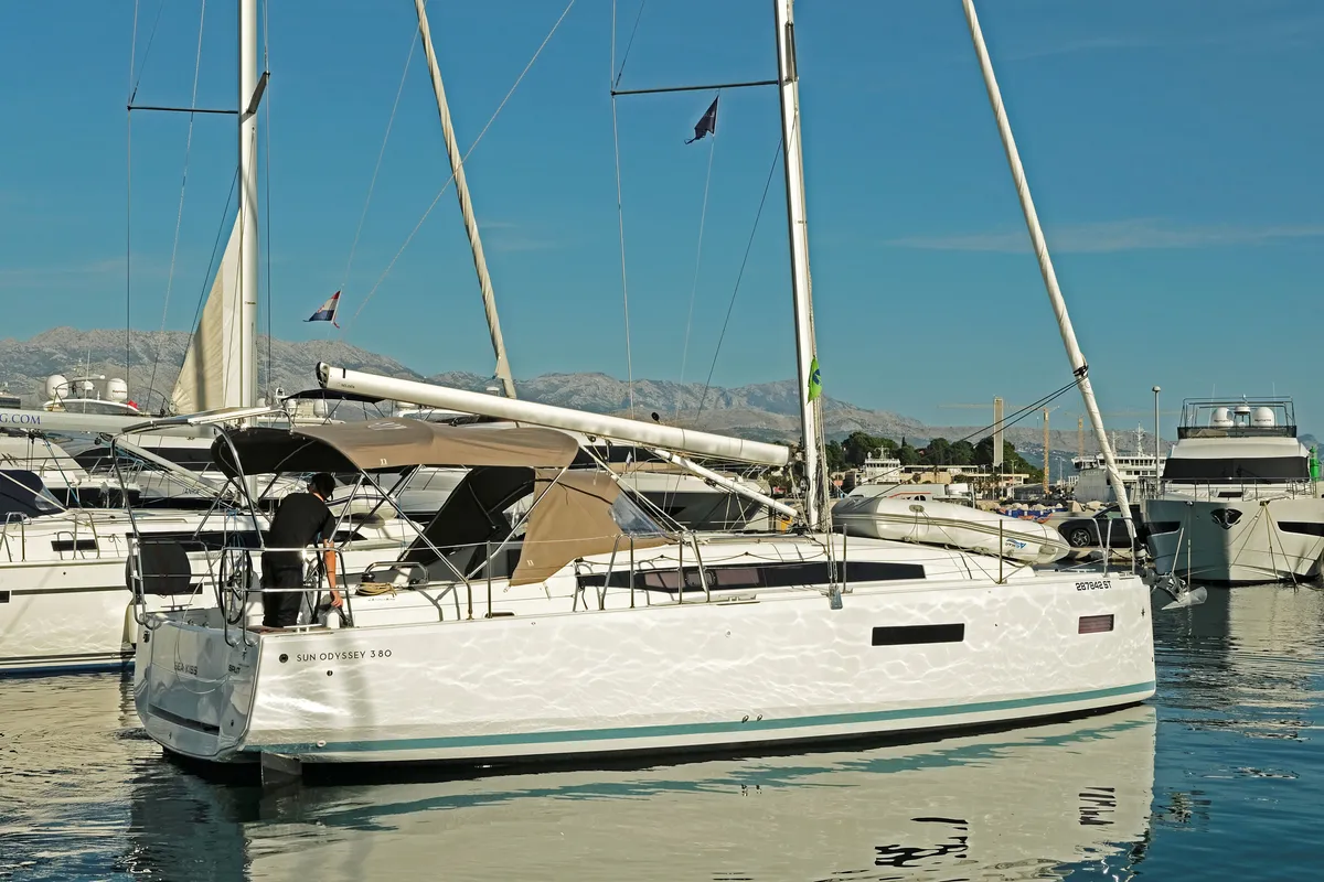 Exterior view of Sea Kiss, a Jeanneau Sun Odyssey 380 sailboat at Split, Croatia